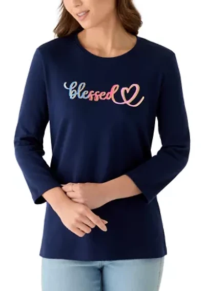 Petite Three-Quarter Sleeve Graphic Top