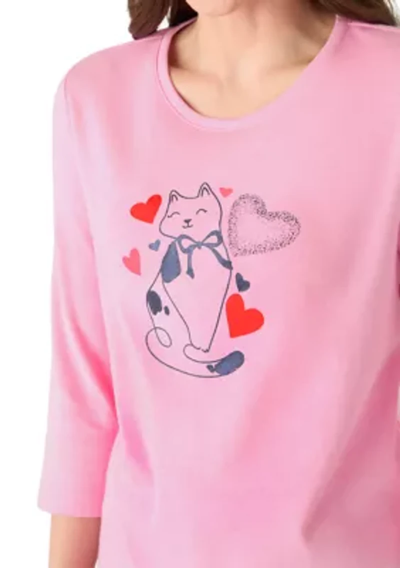 Petite 3/4 Sleeve Crew Neck Graphic Top