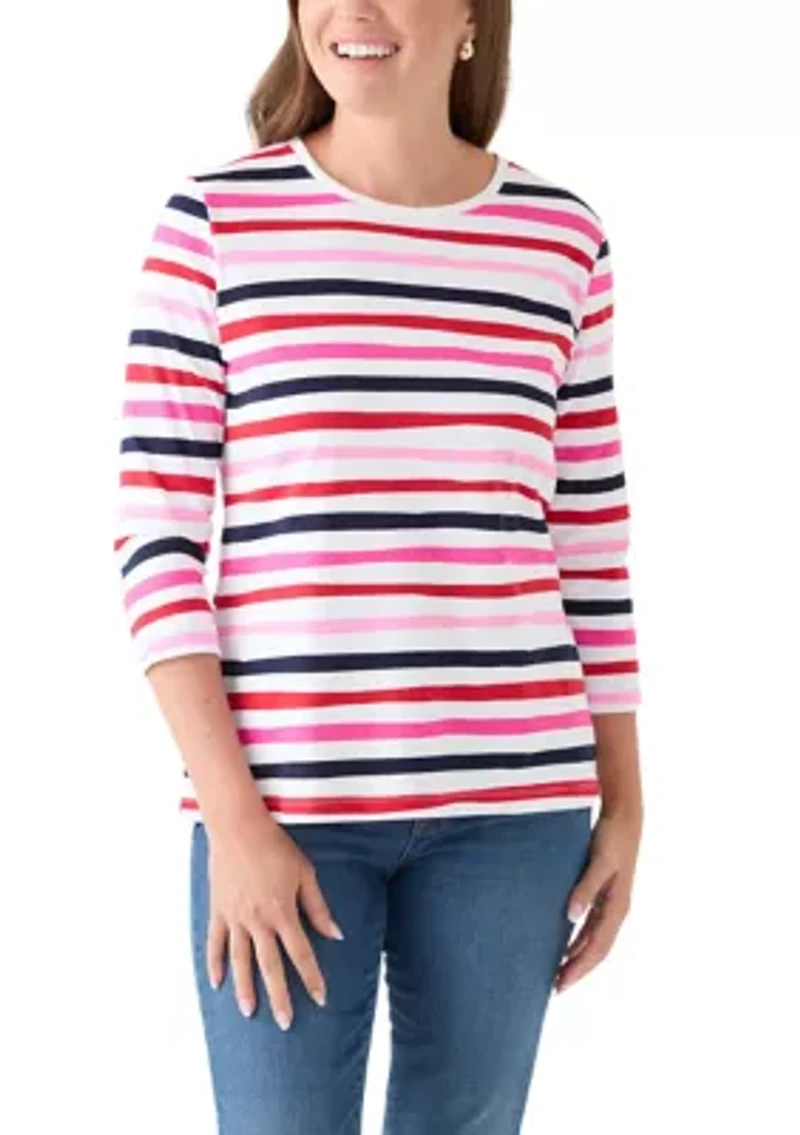Petite Three-Quarter Sleeve Printed Striped Top