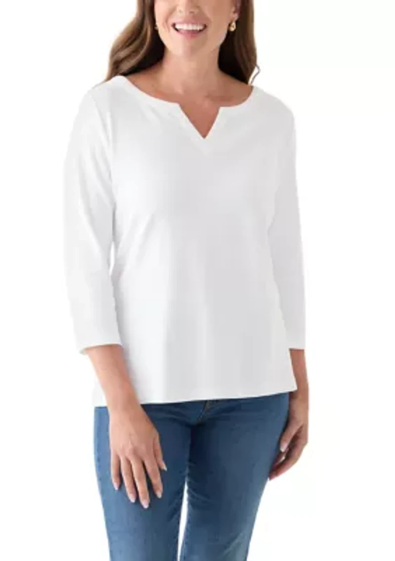 Petite Three-Quarter Split Neck T-Shirt