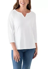 Petite Three-Quarter Split Neck T-Shirt