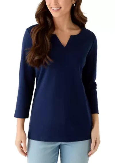 Petite Three-Quarter Split Neck T-Shirt