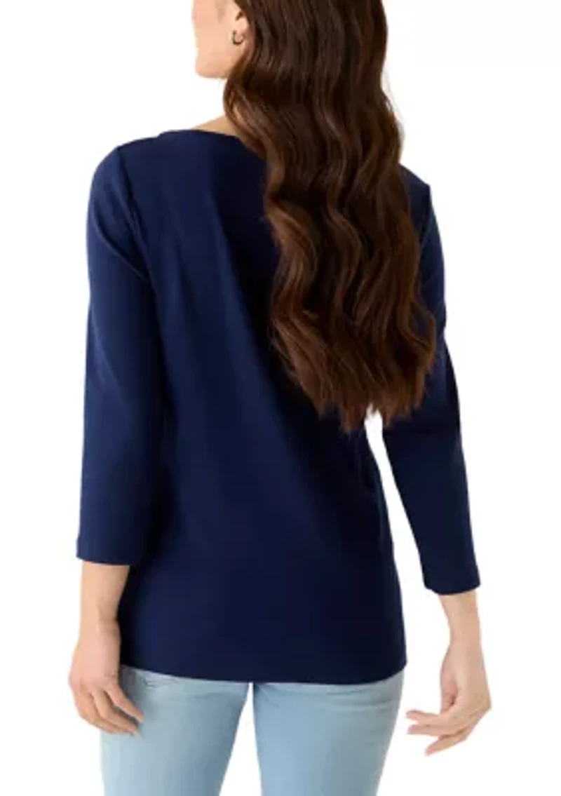 Petite Three-Quarter Split Neck T-Shirt