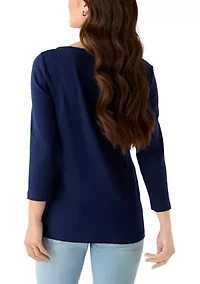 Petite Three-Quarter Split Neck T-Shirt