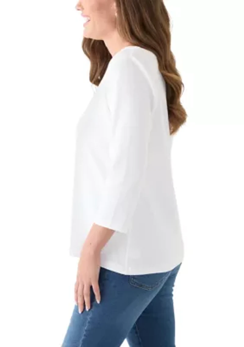 Petite Three-Quarter Split Neck T-Shirt