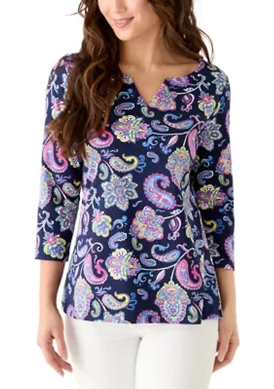 Petite 3/4 Sleeve Split Neck Print Shirt