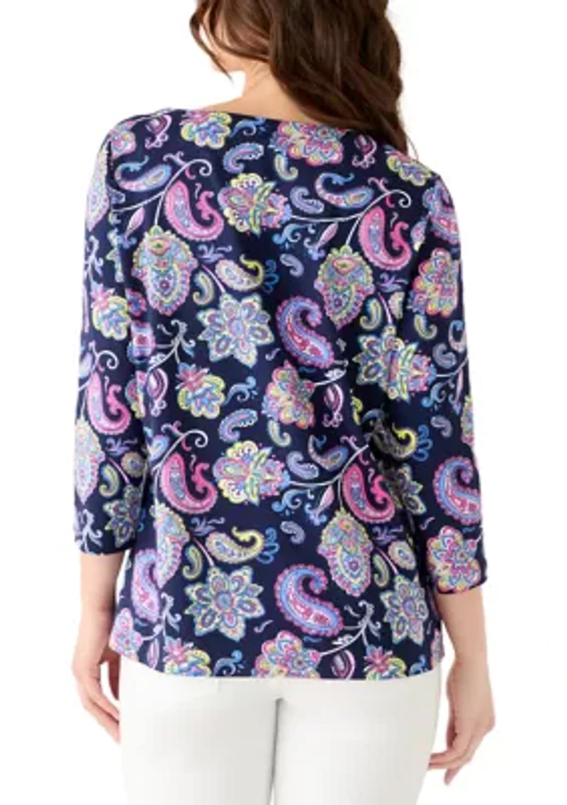 Petite 3/4 Sleeve Split Neck Print Shirt