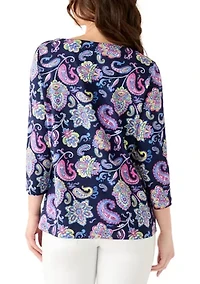 Petite 3/4 Sleeve Split Neck Print Shirt