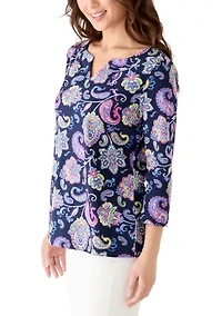 Petite 3/4 Sleeve Split Neck Print Shirt