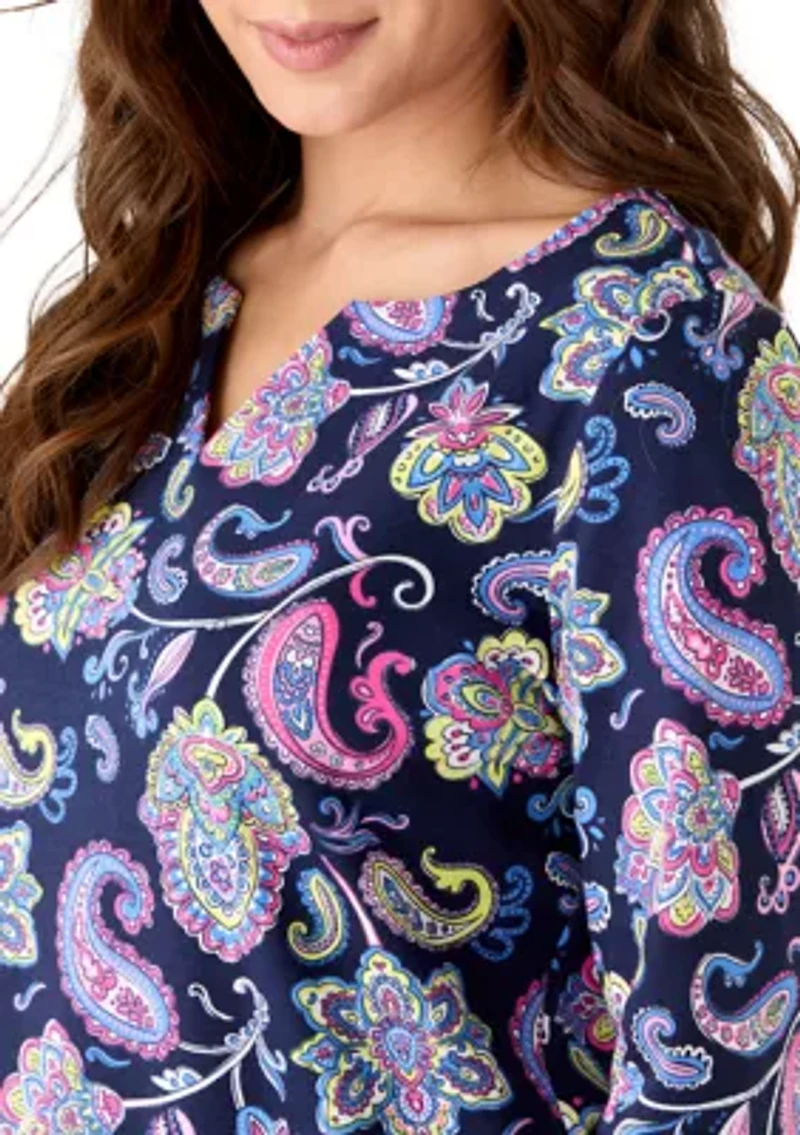 Petite 3/4 Sleeve Split Neck Print Shirt