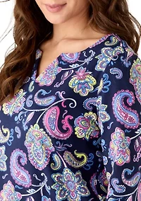 Petite 3/4 Sleeve Split Neck Print Shirt