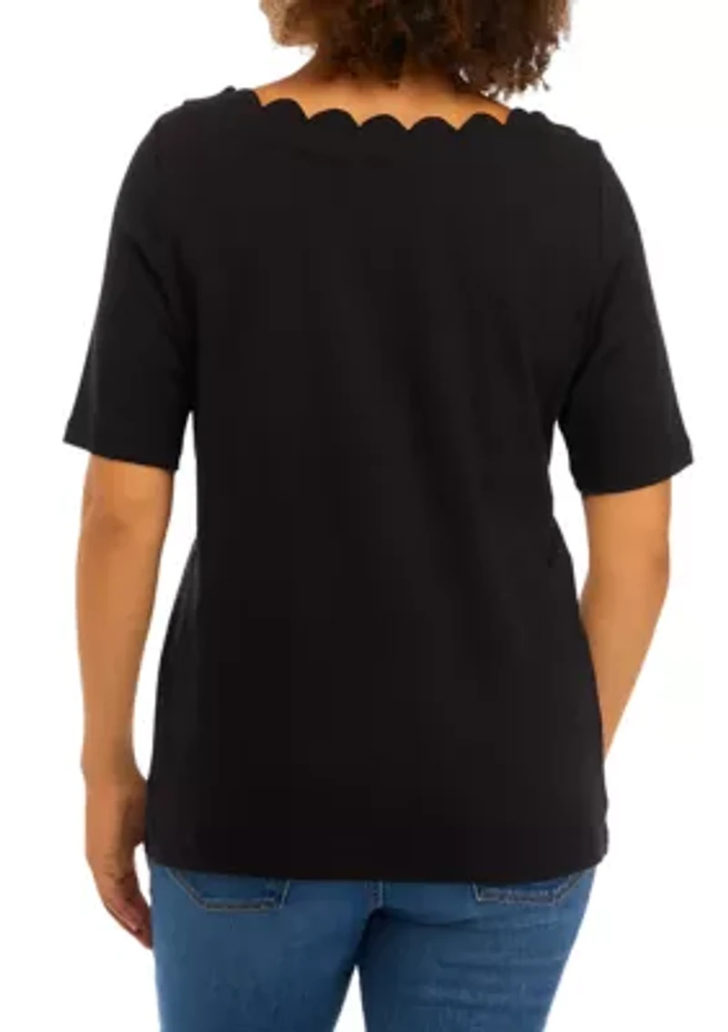 Women's Short Sleeve Scallop Solid Shirt
