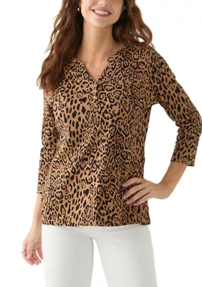 Women's 3/4 Sleeve Printed Henley Top