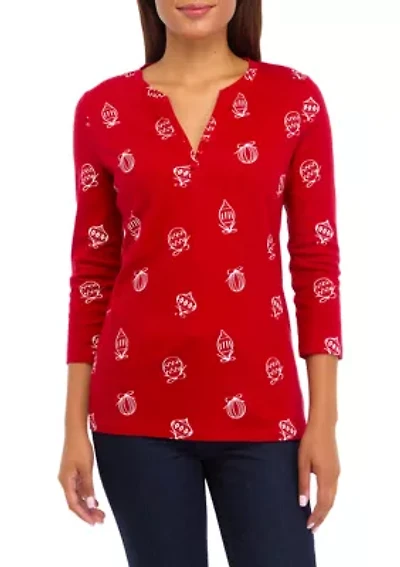 Women's 3/4 Sleeve Printed Henley Top