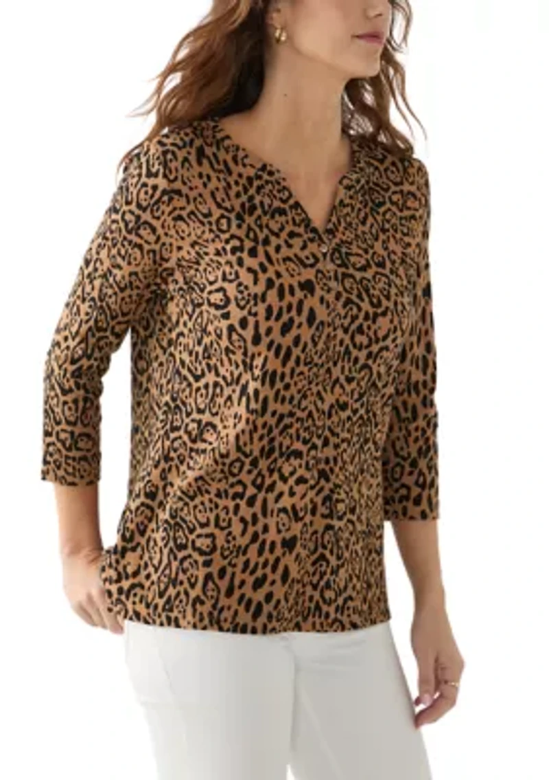 Women's 3/4 Sleeve Printed Henley Top