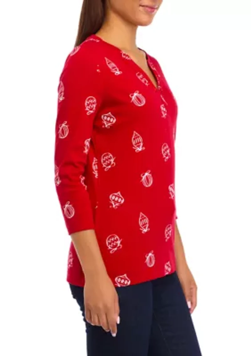 Women's 3/4 Sleeve Printed Henley Top