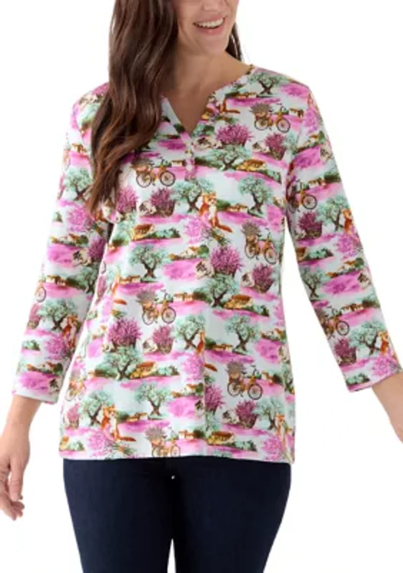 Women's 3/4 Sleeve Printed Henley Shirt
