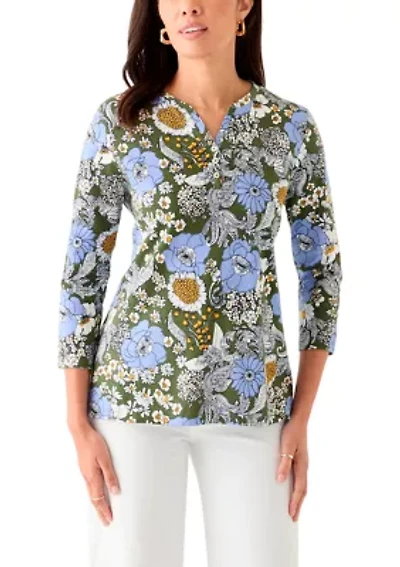 Women's 3/4 Sleeve Printed Henley Shirt