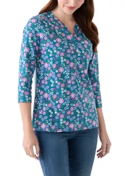 Women's 3/4 Sleeve Printed Henley Shirt
