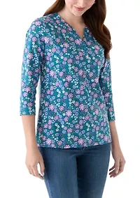 Women's 3/4 Sleeve Printed Henley Shirt