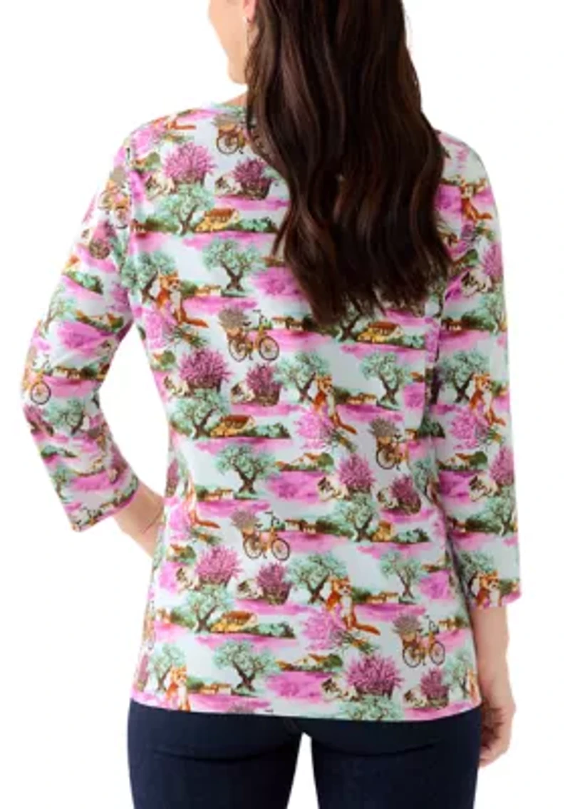 Women's 3/4 Sleeve Printed Henley Shirt