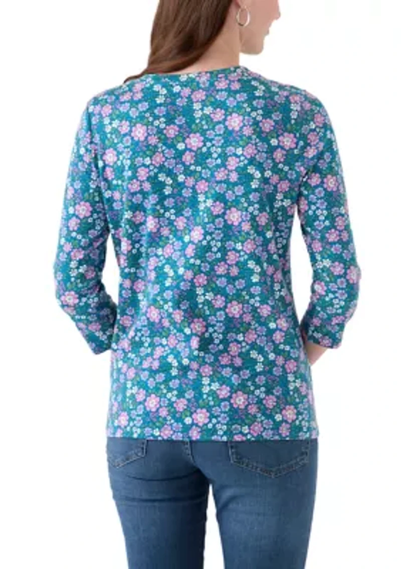 Women's 3/4 Sleeve Printed Henley Shirt