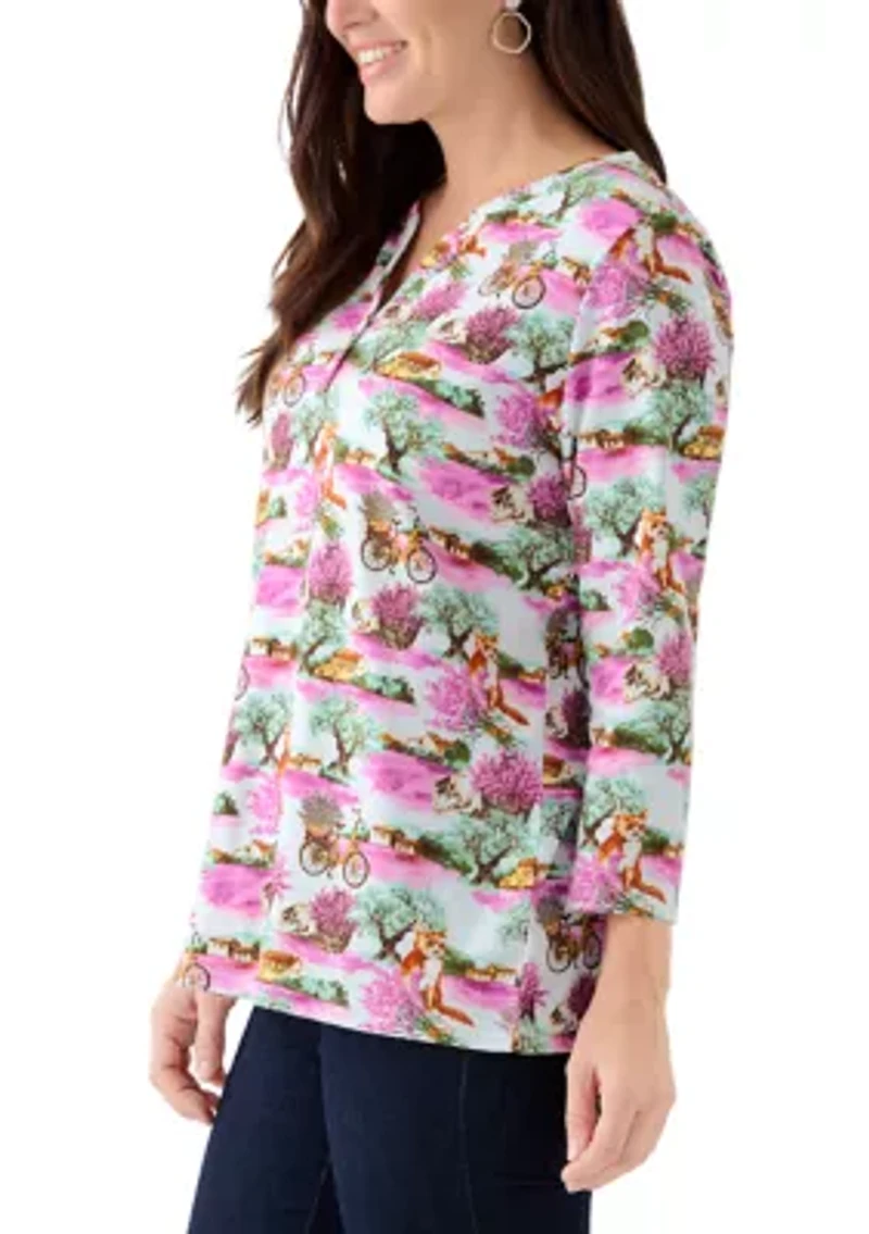 Women's 3/4 Sleeve Printed Henley Shirt