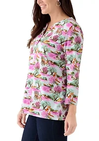 Women's 3/4 Sleeve Printed Henley Shirt