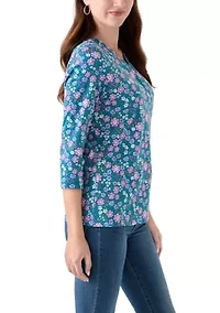 Women's 3/4 Sleeve Printed Henley Shirt