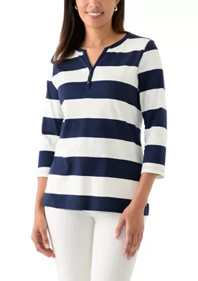 Women's 3/4 Sleeve Yarn Dyed Henley Top