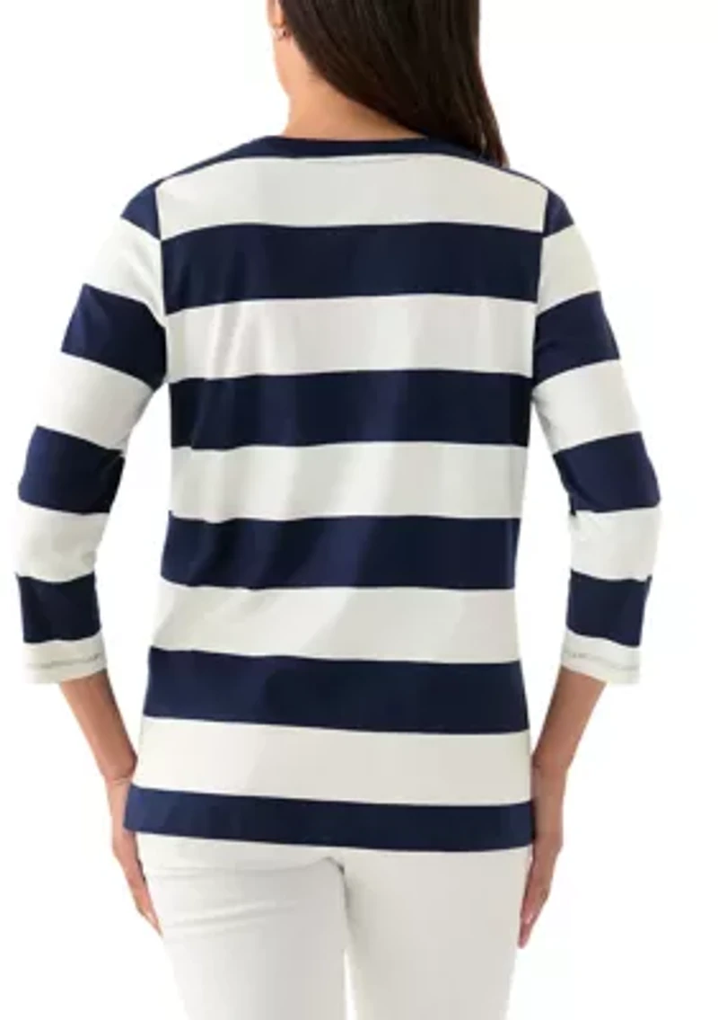 Women's 3/4 Sleeve Yarn Dyed Henley Top