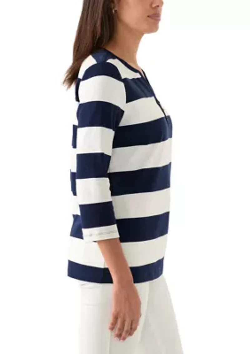 Women's 3/4 Sleeve Yarn Dyed Henley Top