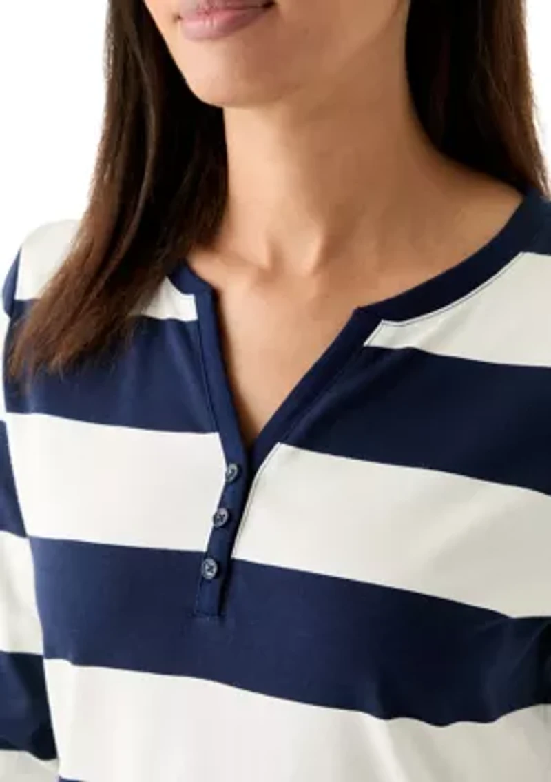 Women's 3/4 Sleeve Yarn Dyed Henley Top