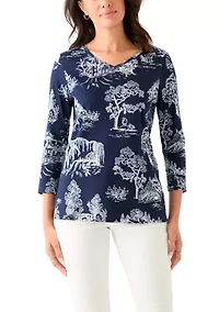 Women's 3/4 Sleeve V-Neck Printed Top