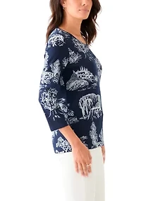 Women's 3/4 Sleeve V-Neck Printed Top
