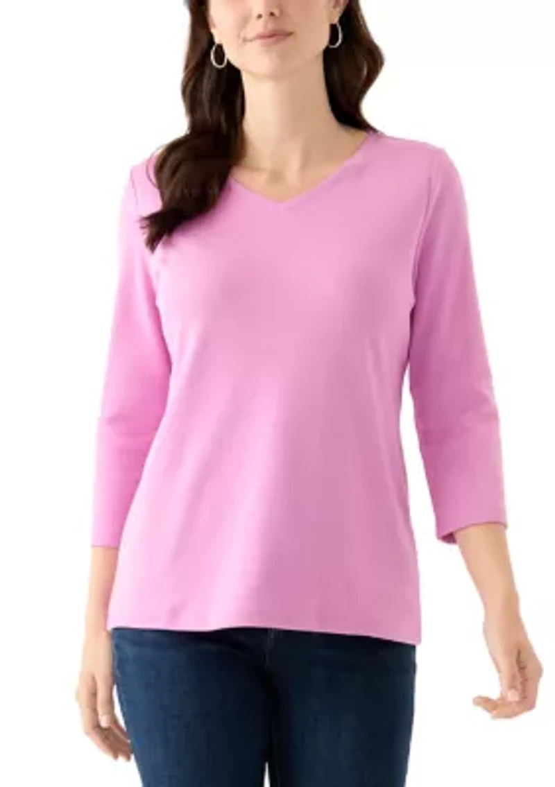 Women's Solid 3/4 Sleeve V-Neck Top
