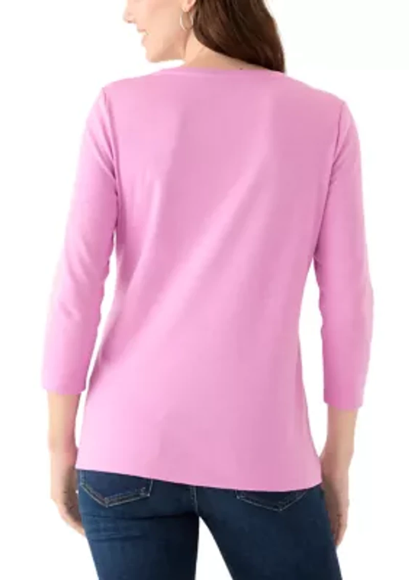 Women's Solid 3/4 Sleeve V-Neck Top