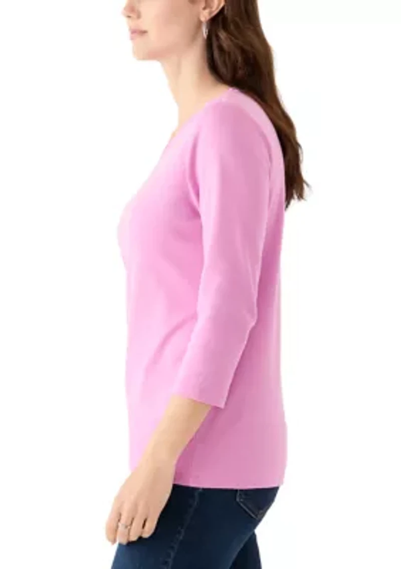Women's Solid 3/4 Sleeve V-Neck Top