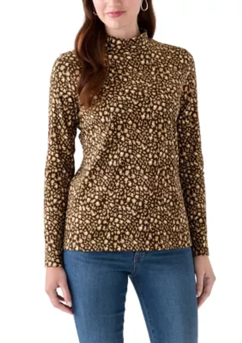 Women's Long Sleeve Mock Neck Printed T-Shirt