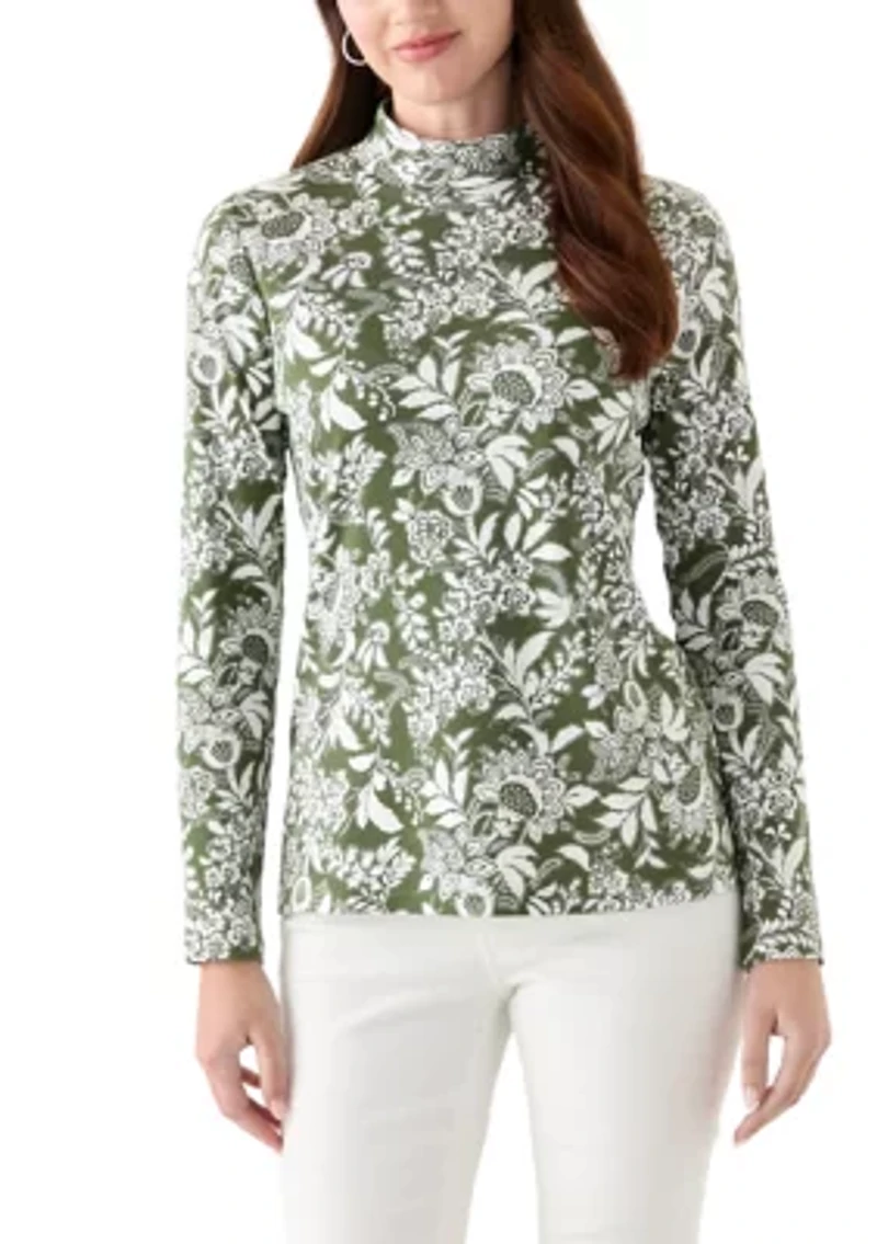 Women's Long Sleeve Mock Neck Printed T-Shirt