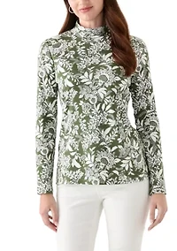 Women's Long Sleeve Mock Neck Printed T-Shirt