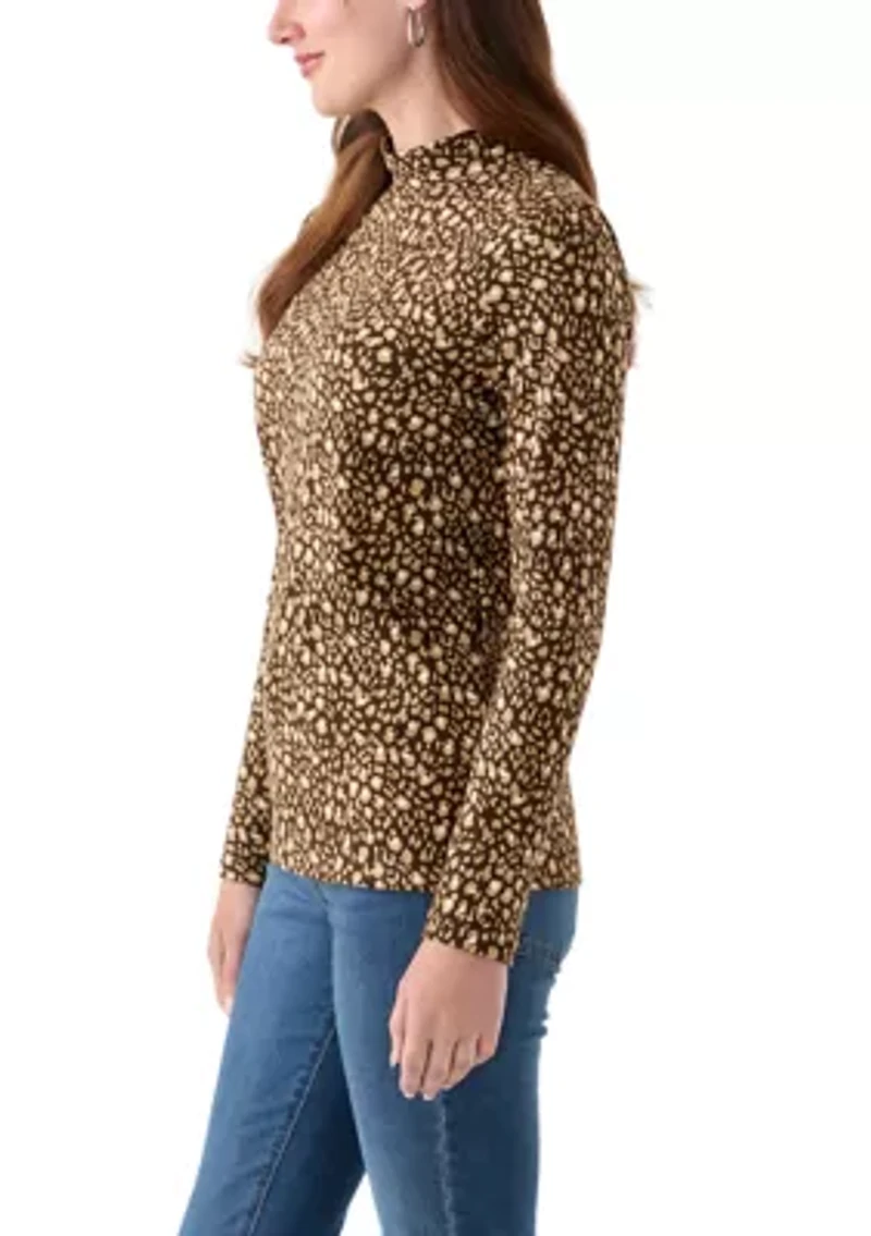 Women's Long Sleeve Mock Neck Printed T-Shirt