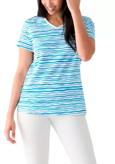 Women's Short Sleeve V-Neck Stripe Print T-Shirt