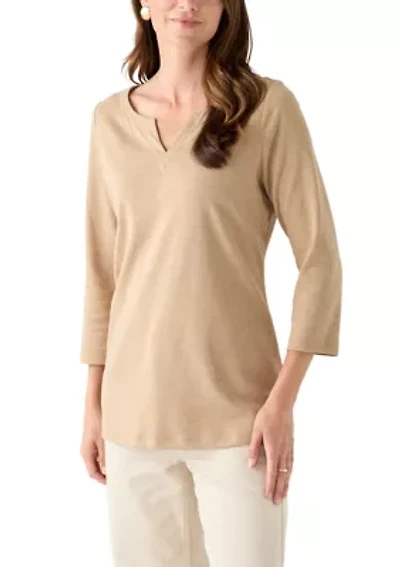 Women's 3/4 Sleeve Split Neck Heather T-Shirt