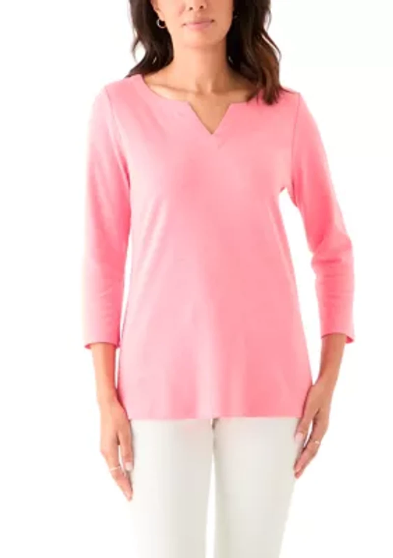 Women's 3/4 Sleeve Split Neck Heather T-Shirt