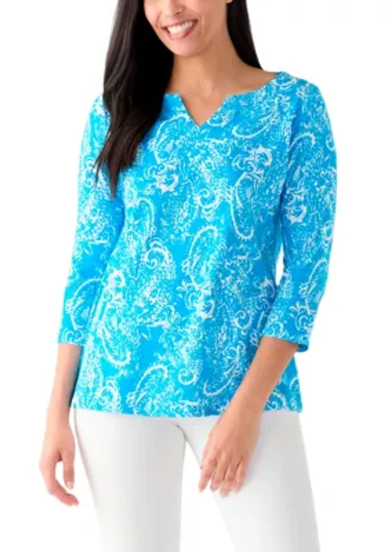 Women's 3/4 Sleeve Split Neck Allover Print Top