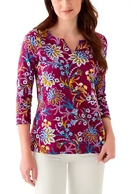 Women's 3/4 Sleeve Split Neck Allover Print Top