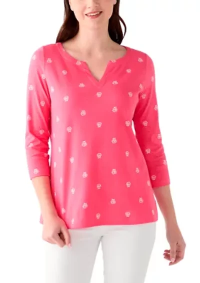 Women's 3/4 Sleeve Split Neck Allover Print Top