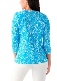 Women's 3/4 Sleeve Split Neck Allover Print Top