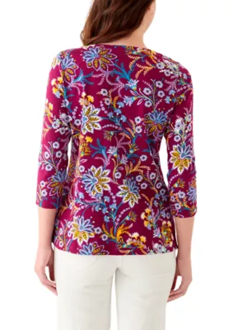 Women's 3/4 Sleeve Split Neck Allover Print Top